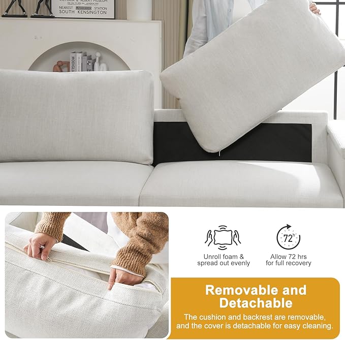 ELUCHANG Oversized Sofa Bed, Upholstered Chaise Lounge Comfy Sleeper Sofa with Soild Wood Frame, Deep Seat Sofa Couch for Living Room Bedroom Apartment, Linen, White