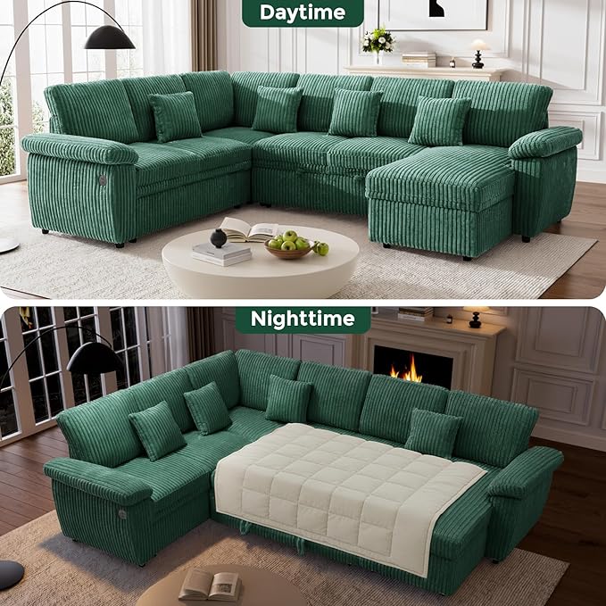 Modular Sectional Sleeper Sofa with Pull Out Bed, Storage Chaise & USB Charging, U Shaped Plush Corduroy Sectional Couches for Living Room, Comfy Convertible 7 Seat Cloud Sofa Bed Emerald Green