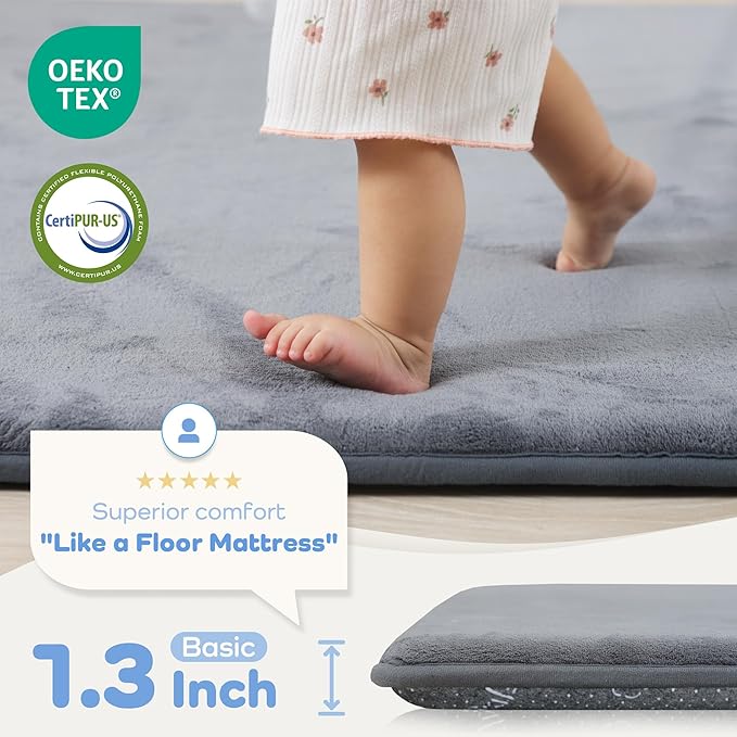PAPAMAT 1.3" Thick Baby Floor Play Mat 79x158, Basic Padded Foam Mat for Tummy Time Crawling, Non Slip Cushioned for Babies Toddlers Infants Kids (Dark Grey)