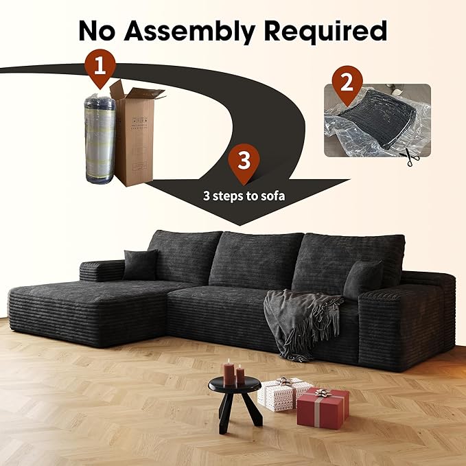AUGOP 108" Sectional Couches for Living Room Modern Modular Sofa with L-Shape Couchs Upholstered Boneless Couch Deep Seat Sectional Couch with Chaise (Black, Left Facing Chaise+2Seaters)