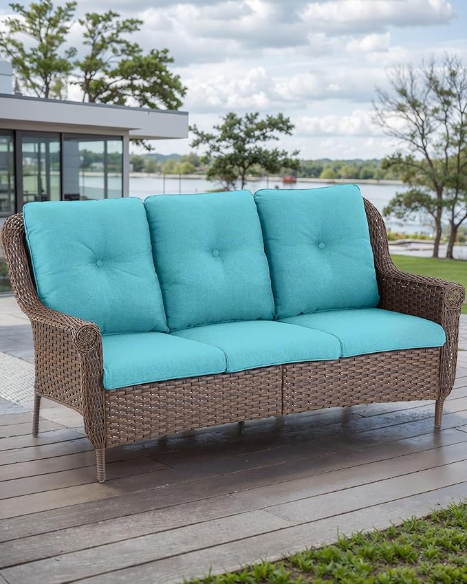 Patio Sofa Outdoor Wicker Couch - Heavy Duty All-Weather Brown Rattan 3-Seater with High Back and Comfortable Thick Cushions for Garden Back Porch Poolside Apartment - Turquoise