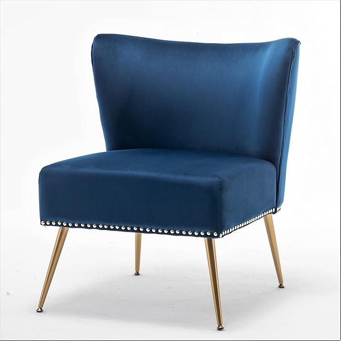 Container Furniture Direct Thia Armless Velvet Accent Chair for Living Room, Elegant Seat with Nailhead Trim, Gold Metal Legs and Comfortable Curved Back, 28" D x 25" W x 29.5" H, Dark Blue