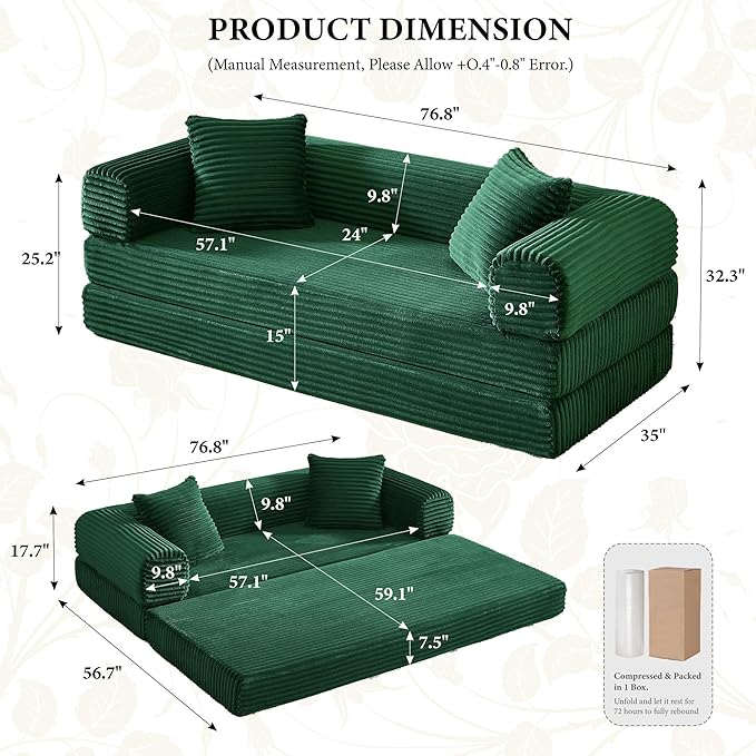 Chorlenimi Boneless Couch Futon Sofa Bed Sectional Couches for Living Room,Cloud Couch with Sleeper Sofa,Sofas for Living Room Oversized Corduroy Upholstered (Green, 76 Inches (No Iron Frame))
