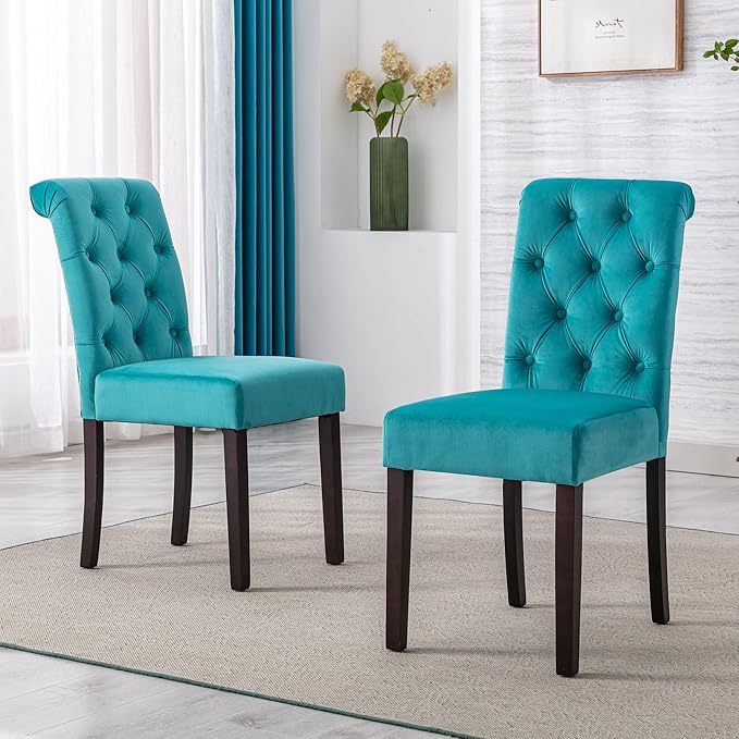 chairus Dining Chairs Set of 2 Mid Century Modern Living Room Chairs with Button Tufted High Back Velvet Armless Chair Comfy Upholstered Side Chairs for Kitchen/Restaurant/Bedroom, Turqs Green