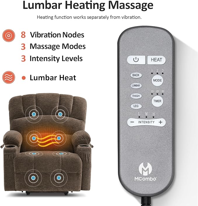 MCombo Oversized Power Lift Recliner Chair for Elderly, Lift Chair with Heat and Massage, Lift Recliner for Big and Tall, Cup Holders, USB & Type C Ports, Fabric R7092 (Mocha, Oversize)