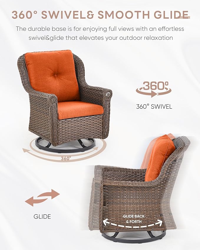ACTREST Outdoor Patio Swivel Gliders with Fire Pit Table 5 Piece Set - High Back Brown Wicker Rattan Rocking Chair with Thick Cushion for Porch Apartment Deck Yard Poolside Garden - Orange