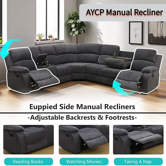 Manual Reclining Sofa Set with Drop-Down Table, Corduroy Sofa Sets, Living Room Furniture Sets, Modern Manual Recliner Sofa Sets with Storage Console for Living Room (Dark Grey, Sectional)