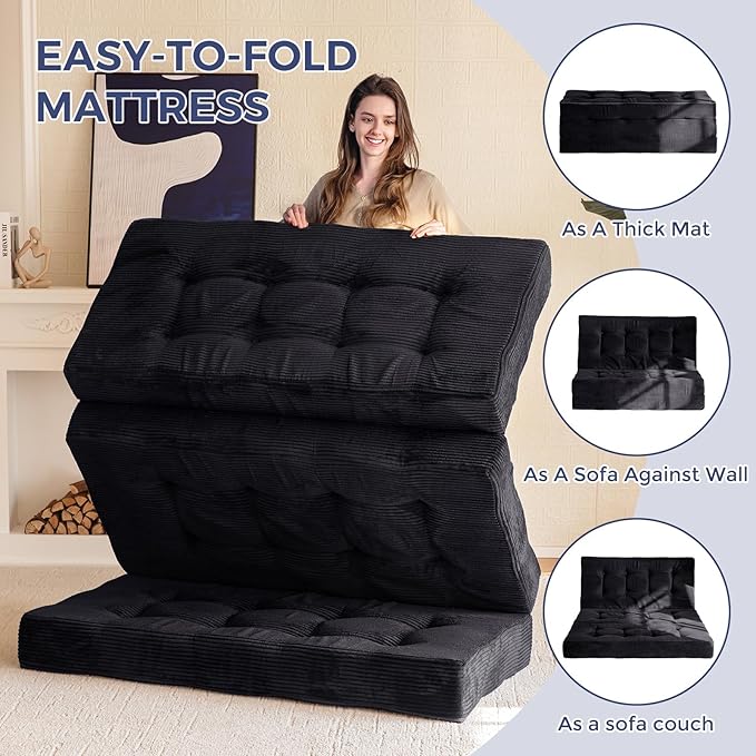 MAXYOYO Tri-Fold Mattress, 6 Inch Tufted Folding Futon Foam Bed, Foldable Floor Mattress Guest Bed Futon Topper Portable Camping Sleeping with Corded Fabric, Black, 59"x79"