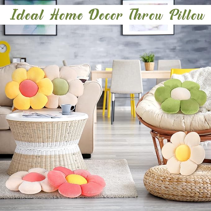 Coume 6 Pcs Flower Floor Pillows, Daisy Throw Pillows 16 Inch Flower Seating Cushions for Back to School Reading Classroom Sofa Couch Bed Decor(Yellow, Pink, Green with White Core)