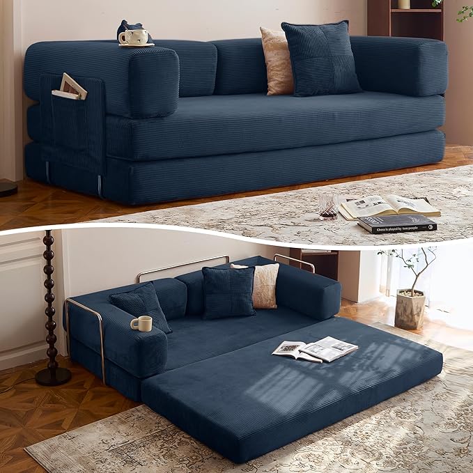 LIAROO 78.8" Convertible Sofa Bed -Compression Sofa with Corduroy Fabric - with Armrests and Backrest - Modular Sectional for Living Room, Bedroom, Studio - Compression Sofa in Box (Dark Blue)