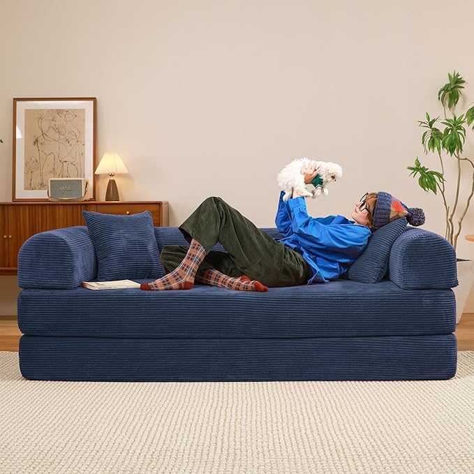 79" Convertible Sofa Bed, Boneless Corduroy Sleeper Foldable Modular Couch, Memory Foam Compressed Sofa in A Box, Folding Mattress Floor Couch for Small Space Living Room Apartment Bedroom, Blue