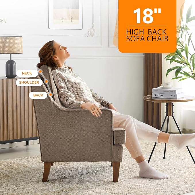 VINGLI Mid-Century Modern Accent Chair, Light Brown Upholstered Armchair Comfy Sofa Chair Reading Chair High Back for Living Room Bedroom Furniture Apartment