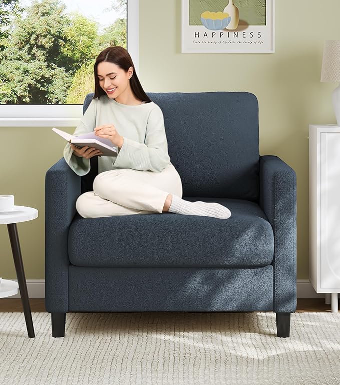 Sofa Accent Chair, 33" Reading Chair for Bedroom, Tool-Free Setup Living Room Accent Chairs, Comfy Arm Chairs Living Room, All-Wood Reading Nook, Blue Grey