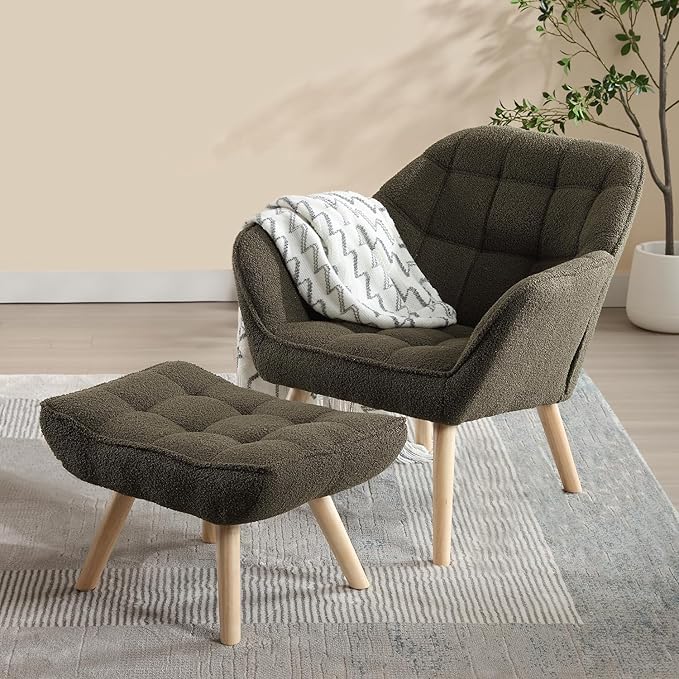 ZH4YOU Sherpa Accent Chair with Ottoman, Modern Fuzzy Reading Chair with Ottoman Upholstered Armchair with Wood Legs Comfy Lounge Chair for Small Spaces Living Room Bedroom Book Nook, Green