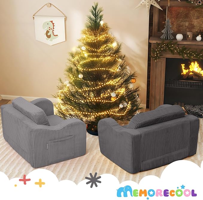 MeMoreCool Toddler Chair Comfy for 1-3 Years Old, Corduroy Kids Couch Bed Fold Out, 2-in-1 Foldable Baby Lounge Chair, Pull Out Children Sofa Bed, Dark Grey