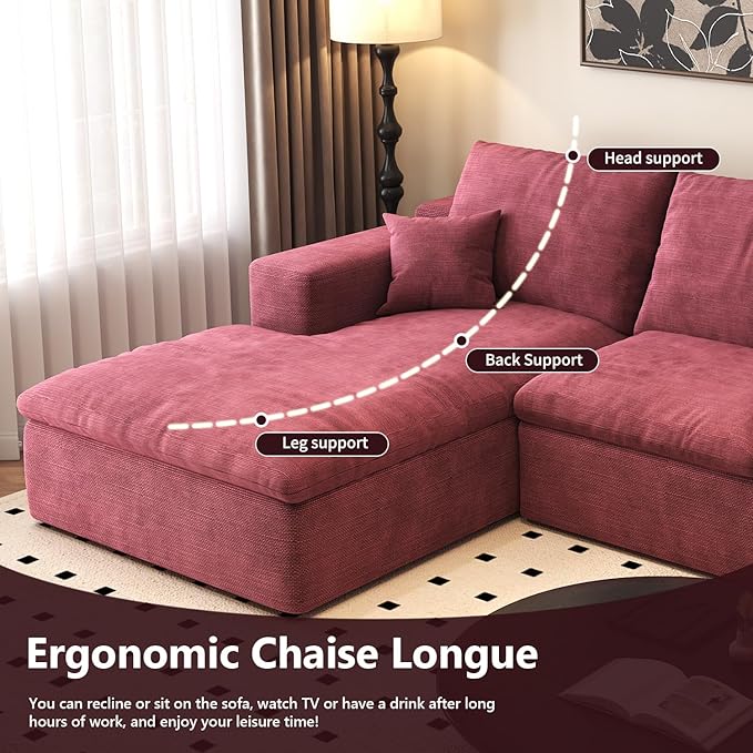 107'' U-Shaped Modern Modular Sectional Cloud Couch Whit Ottoman, 4-Seat Chenille Deep-Seat Sofa with Pillow for Living Room, Bedroom, Apartment, Wine Red