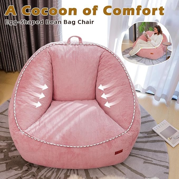 Bean Bag Chair, Cozy Fluffy Beanbag Chairs with Filler for Teens and Kids, Floor Lazy Sofa for Living Room, Gaming & Reading（M-Pink）