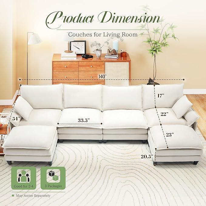 Comfy Cloud Couch with Movable Ottoman, Modular Sectional Sofa, 140" U Shaped Modern Sofa with Pillows, Deep Seat Couches for Living Room, Bedroom and Apartment, Beige