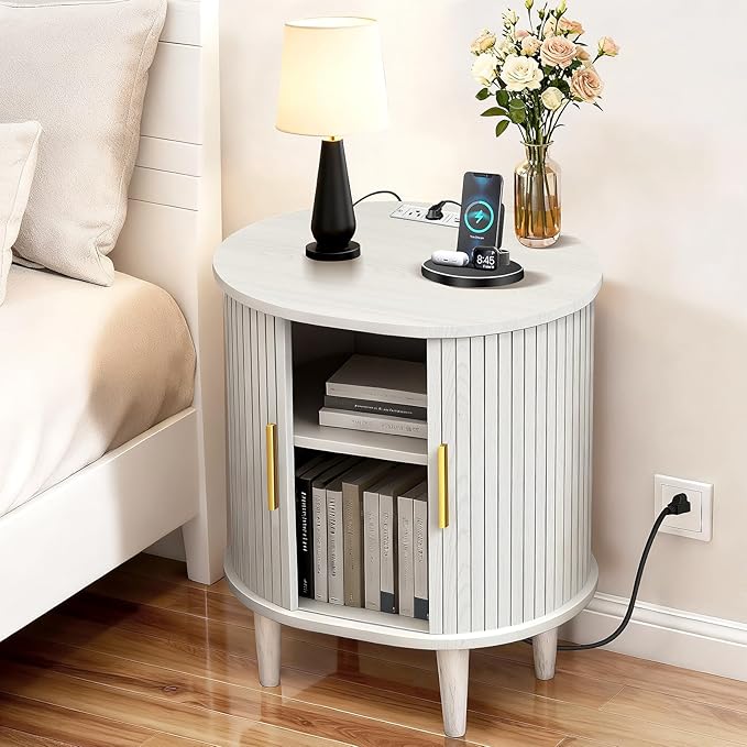 DHH Mid Century Modern Nightstand with Charging Station, Fluted Accent Side Table with Sliding Door & Adjustable Shelf, End Table for Small Space, Living Room, Bedroom,Sofa Couch(1, White)