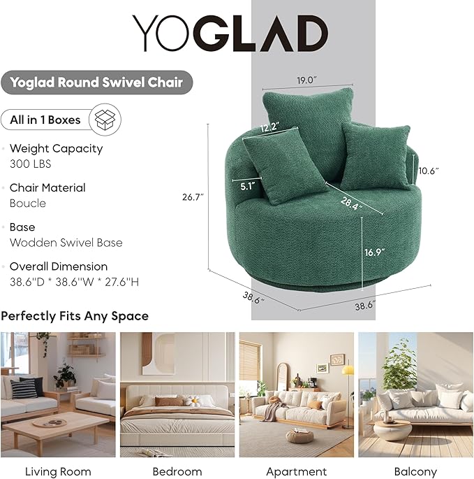 Yoglad 38.58'' Swivel Round Chair, Comfy Boucle 360° Accent Chair with Thick Cushion, Oversized Modern Single Sofa with 3 Pillows, Soft Armchair for Nursery, Living Room, Bedroom, Office (Green)