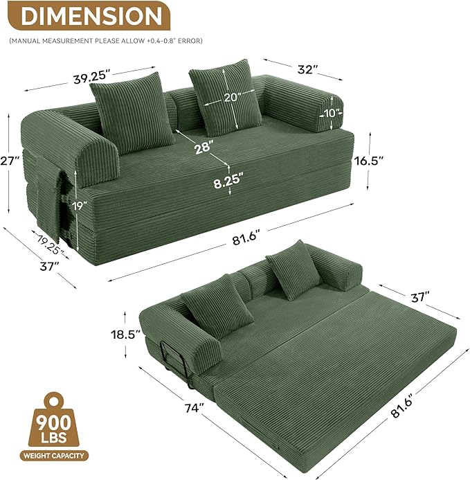 Convertible Coarser Corduroy Sleeper Sofa Bed with Cylindrical Pillow, Folding Mattress Couch with Fixed-Shape Frame, Floor Sofa Lounge Couch for Living Room Bedroom Lounge Studio, Green