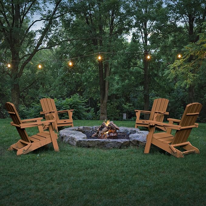 Folding Adirondack Chair, HDPE All-Weather Fire Pit Chairs, Plastic Adirondack Chairs with 2 Cup Holder, Outdoor Lawn Chair for Patio Garden (Teak)