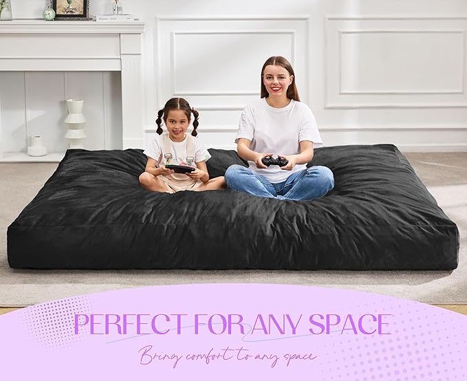 Hobestluk Giant Bean Bag Chair Bed for Adults, Large Bean Bags with High-Density Foam Filling, Convertible Big Sofa Bed Couch for Living Room, Bedroom, Playroom (Black, Queen)