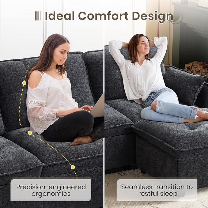 PALLOME 96" Modular L-Shaped Sofa - 3-Seat Cloud Couch with Movable Ottoman, Extra Deep Seat Sofa Couch with Throw Pillows for Living Room & Small Spaces (Grey, 3-Seat + Ottoman)