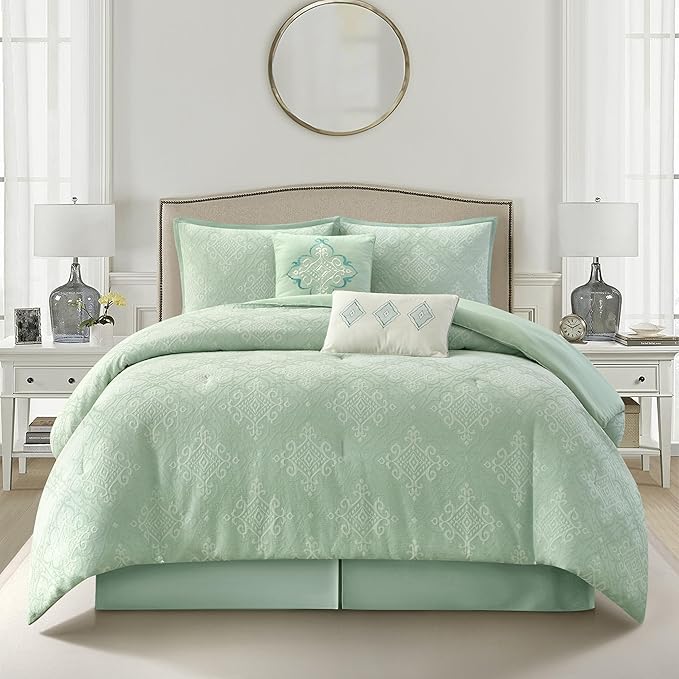 Grand Avenue 6 Piece Cotton Sage Comforter Set, California King Size Jacquard Bedding Set, All Season Geometric Bedding, Matching Pillows, Shams, Bed Skirt