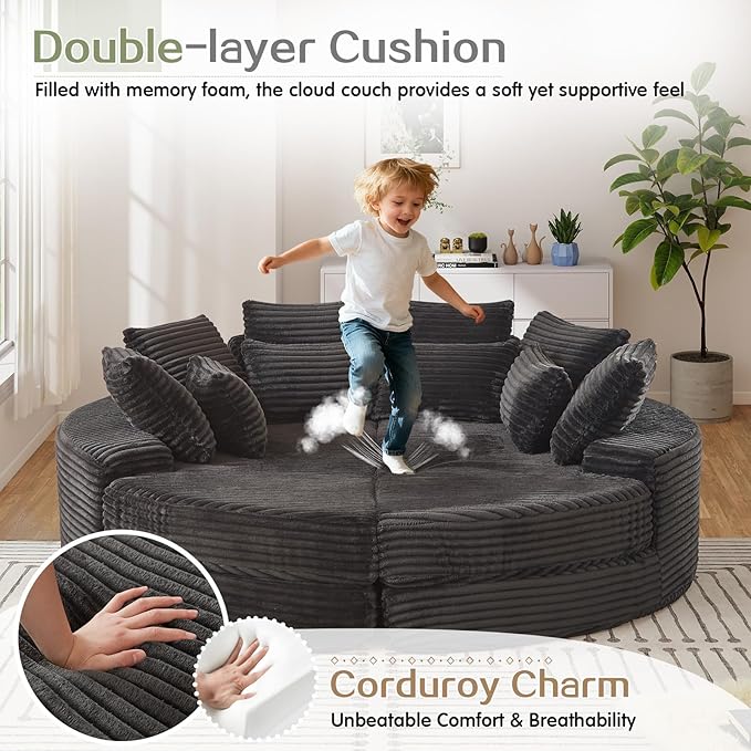 Antetek Chaise Lounge Chair Indoor, Convertible Folding Futon Sofa Bed w/ 5 Pillows, Fluffy Corduroy Boneless Compressed Memory Foam Couch for Living Room, Bedroom (Black, Right Half)