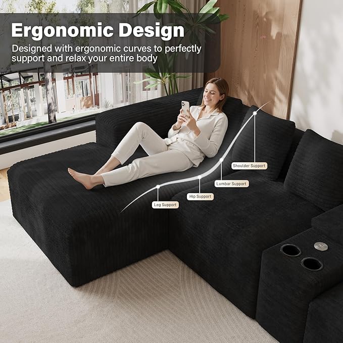 Modular Sectional Sofa with USB Cup Holders Storage, 143" U Shaped Cloud Couch Plush Corduroy Deep Seat Boneless Sofas with Double Chaise Lounge Sectional Couches Memory Foam for Living Room - Black