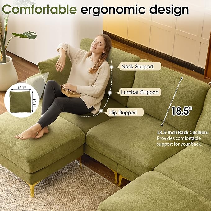 VINGLI 100" W U Shaped Couch with Ottoman, 22" Deep Seat Comfortable Sectional Couches for Living Room, 3 Seater Chenille Fabric Cloud Sofa for Apartment, Small Spaces, Bedroom, Green