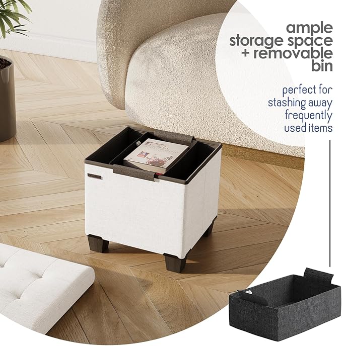 Storage Ottoman Cube with Small Bin, 16-in Square Ottoman with Storage for Living Room and Bedroom, Small Ottomans Foot Rest, Fabric Foot Stools Ottomans Max 330lbs, Cream