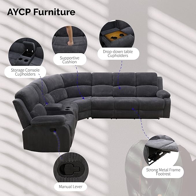 Manual Reclining Sofa Set with Drop-Down Table, Corduroy Sofa Sets, Living Room Furniture Sets, Modern Manual Recliner Sofa Sets with Storage Console for Living Room (Dark Grey, Sectional)