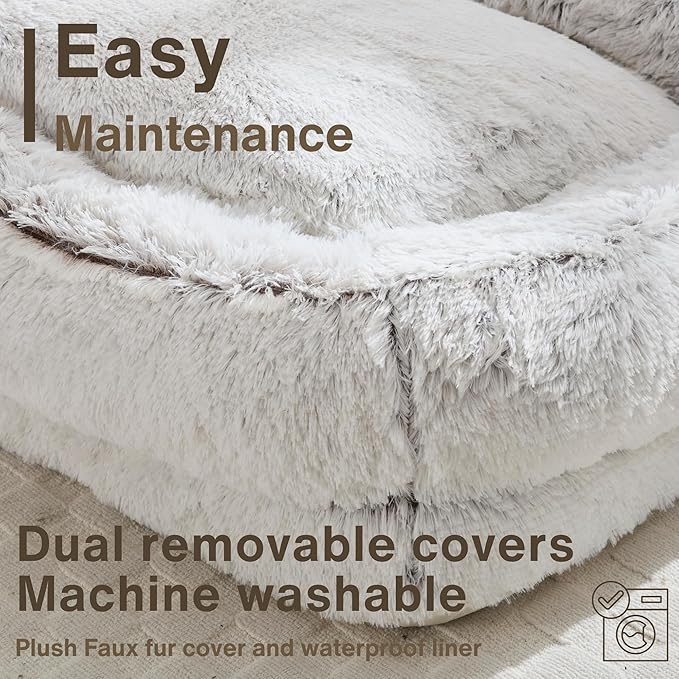 Foam Filled Bean Bag Chair for Adults with 2 Pillows, Upgraded Adjustable Human Dog Bed for Adults Comfy Lazy Floor Sofa Folding Chair with Washable Cover for Living Room Bedroom, White Furry
