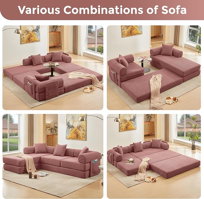 L Shaped Convertible Modular Boneless Sofa Bed with Cylindrical Pillow, Corduroy Folding Floor Sofa Couch Bed with Fixed-Shape Frame & Storage Pocket for Living Room, Pink