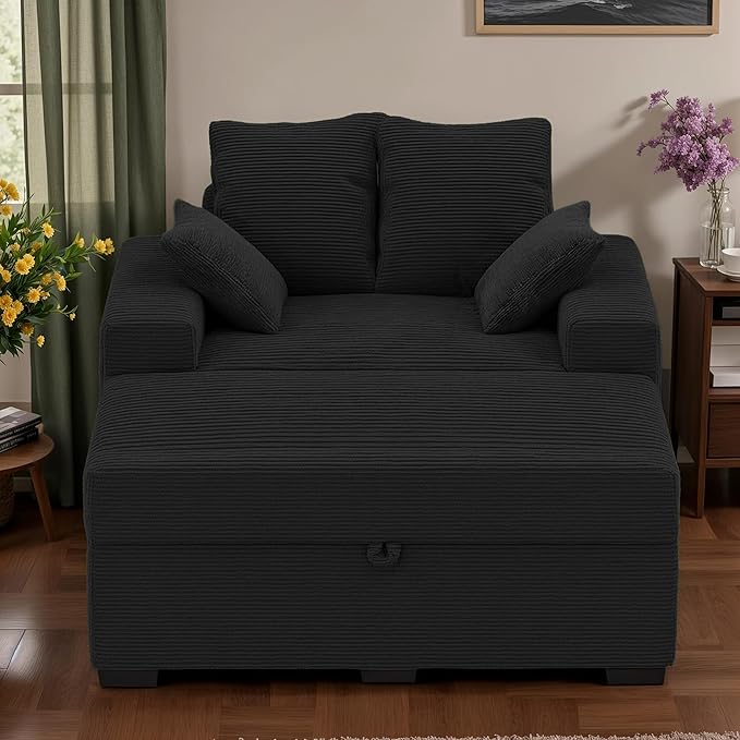 Indoor Chaise Lounge Chair with Storage Ottoman, Modern 60-Inch Lounge Sofa Chair with Wide Armrests & 4 Pillows, Oversized Comfy Reading Lounger for Living Room, Bedroom（Medium-Rib Corduroy Black）