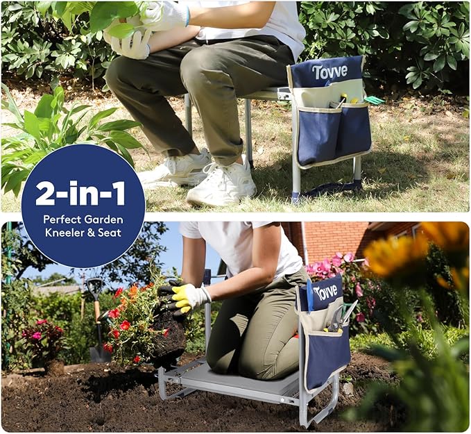 Tovve Upgraded Garden Kneeler and Seat with Thicken & Widen Soft Kneeling Pad, Heavy-Duty Foldable Garden Stool with Large Garden Tool Bag, Portable Garden Bench Gardening Gifts for Women, Seniors