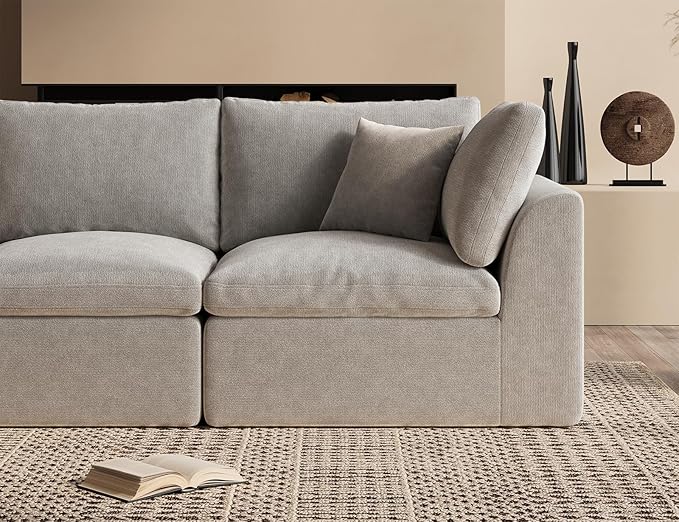 ohllob 110" Cloud Sectional Couches for Living Room, Boneless U Shaped Couch with Ottoman, 3 Seater Modular Sectional Sofa, Light Grey