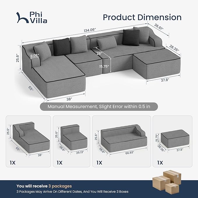 PHI VILLA Cloud Modular Couch, Boneless Sectional Sofa with U-Shaped Chaise, 6-Seater Couches with Movable Ottoman for Living Room, No Assembly Required, Corduroy, Grey