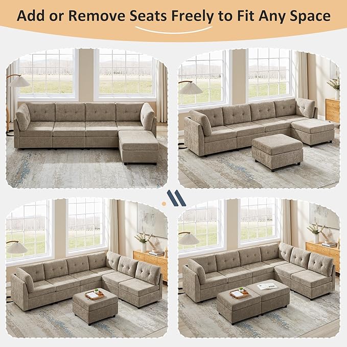 VANOMi 6 Seater Modular Cloud Sofa, 118" Convertible Sectional Cloud Sofas & Couches for Living Room, Comfy Chenille Sectional Couch Sofa for Living Room, Apartment, Office, Camel, L/U Shaped
