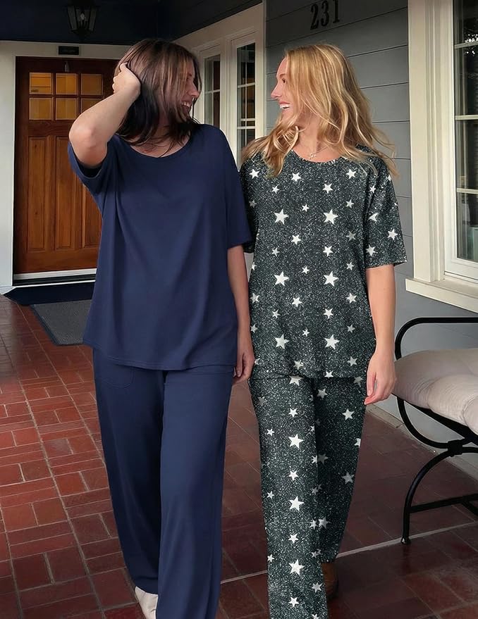 Ekouaer 2 Pack Womens Pajama Sets Short Sleeve Tops and Long Pants Casual Comfy Pjs Lounge Set with Pockets,S-XXL