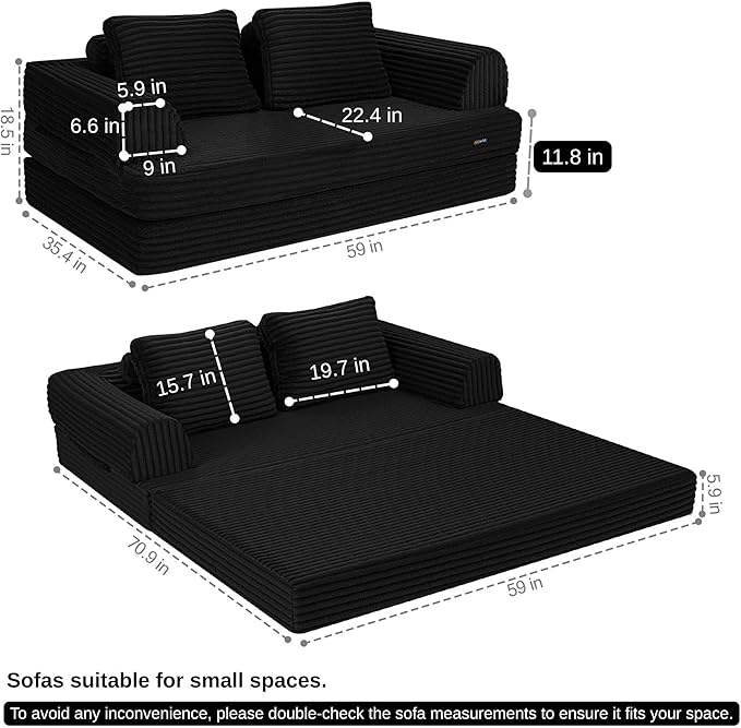 COMAX Convertible Sofa Bed, Folding Floor Couch Corduroy Fold Out Couch Bed Futon Sleeper Mattress with Pillows, Boneless Sofa Comfy Lounge Loveseat for Living Room Bedroom, Plush Black