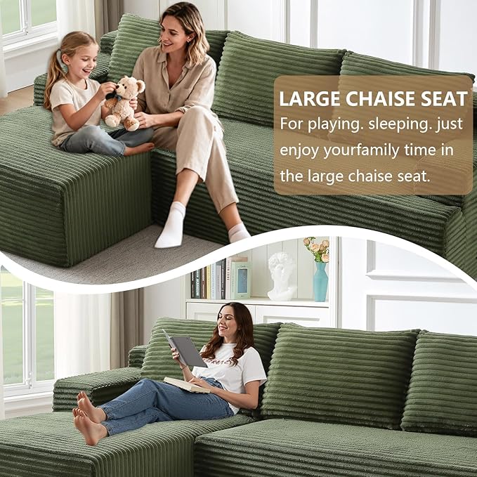 96.1" Modular Sectional Sofa Couches L-Shape Couch 3 Seat Modular Sofa Corduroy Memory Foam Sectional Boneless Couches for Living Room, Cloud Couch with Oversized Chaise(Green, Left Facing)