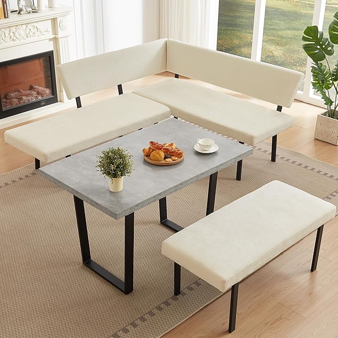 3-Piece Corner Dining Table Set with Bench, 67 Inch Space-Saving Breakfast Nook for Kitchen & Dining Room, Beige