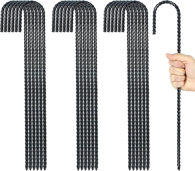 16 Inch Ground Rebar Stakes, J Hook Extra Heavy Duty Rust Proof Coated Steel Ground Anchors with Chisel Point End for Camping Tent and Canopy Tent (24)