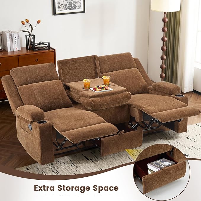PALLOME Chenille Reclining Sofa 3-Seater with Convertible Table, Storage Ottoman & Cup Holders | Modern Space-Saving Couch, Ergonomic Living Room Furniture (Brown)