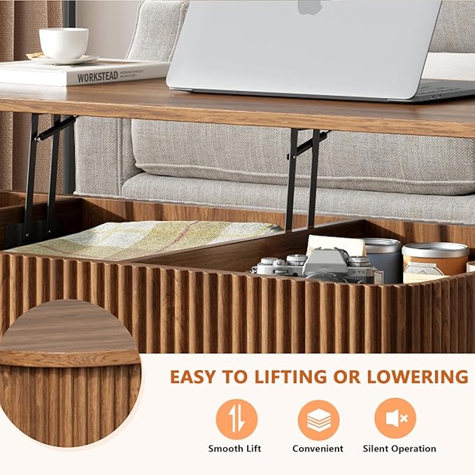 LCVTND Fluted Lift Top Coffee Table with Storage, Modern Wood Coffee Table Retro Center Table with Hidden Lifting Table Top Compartment for Living Room, Home, Office, Walnut