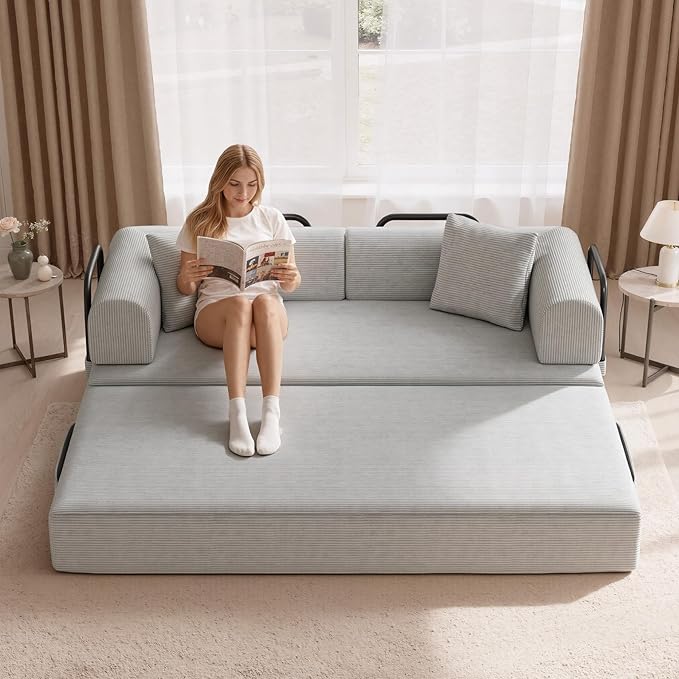 Convertible Corduroy Sleeper Sofa Bed with Cylindrical Pillows, Convertible Mattress Sofa with Fixed Shape Frame, Living Room Bedroom Lounge Studio Use Floor Sofa Lounge,Grey