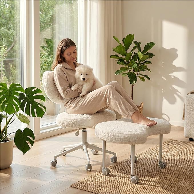 Tomofcessn Cross Legged Chair with Footrest, Plus Size Criss Cross Office Chair, Memory Foam Cushion, Armless Swivel Desk Chair with Wheels, Active Sitting for Home Office,Artificial Rabbit Fur